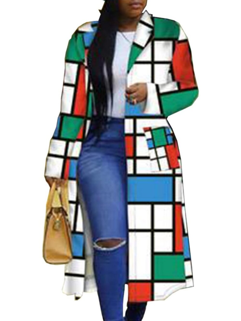 Colorful Geo Print Turn Down Collar Trench Coat | Long Blazer Jacket Outerwear